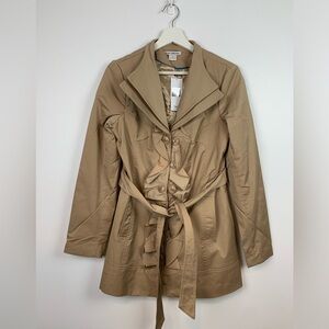 NWT Dalia Collection Trench Coat Jacket Belt Beige Size Large Ruffles Pockets